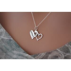 Sterling Silver Sisters Heart Pendant Necklace, Sisters Charm Necklace